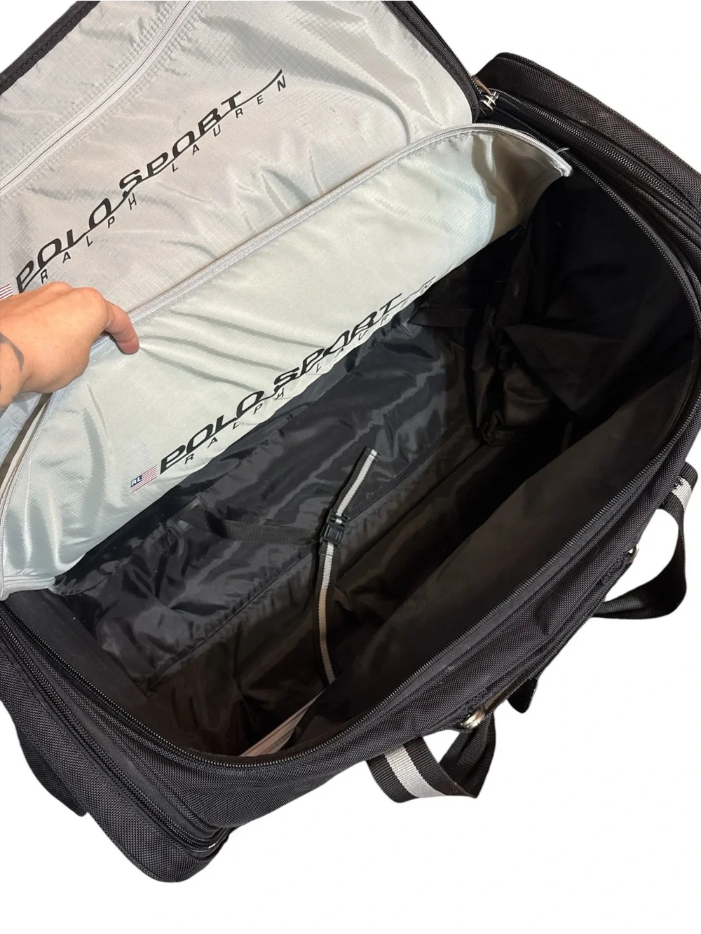 Vintage 1990s Black Polo Sport Ralph Lauren Large Rolling Duffle Bag 30”x17”x15”
